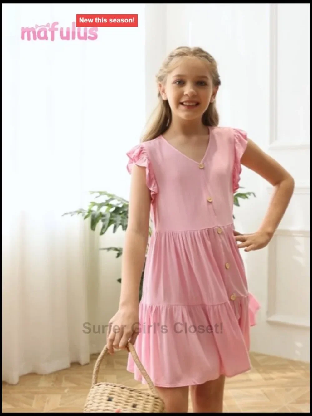 Ruffle Sleeve Tiered Swing Dress Button Down V-Neck A-Line Summer Sundress 5-14T